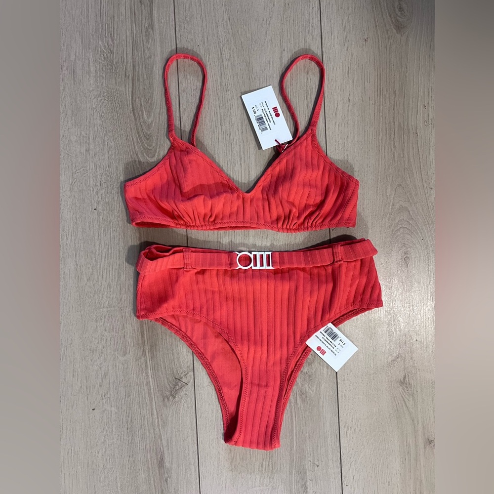 NWT solid and striped high waisted bikini in coral